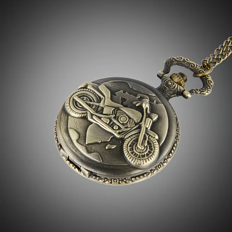Bronze Vintage Motorcycle Pocket Watch 3D Embossed World Map Quartz With Chain Retro Biker Men Collectible Pendant Watch