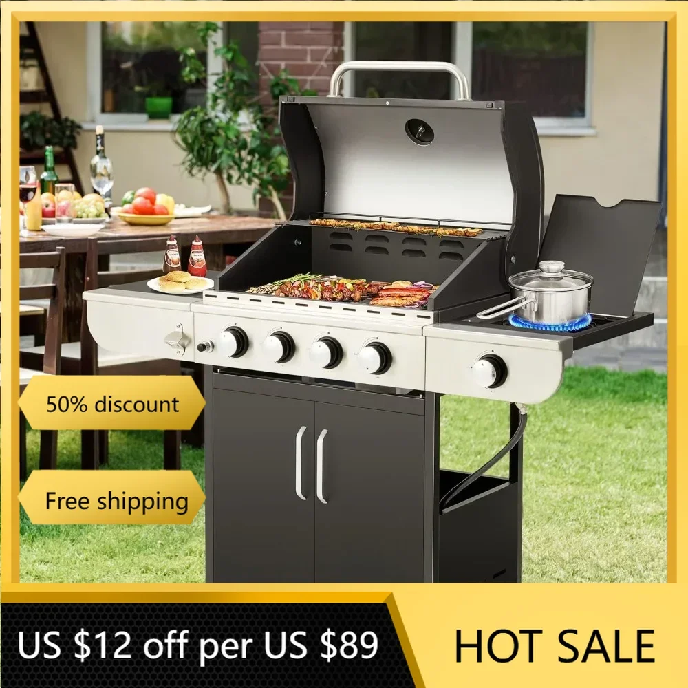 

4 Burner BBQ Propane Gas Grill Electric Grills Stainless Steel Patio Garden Barbecue Grill With Stove and Side Table Aerogrill