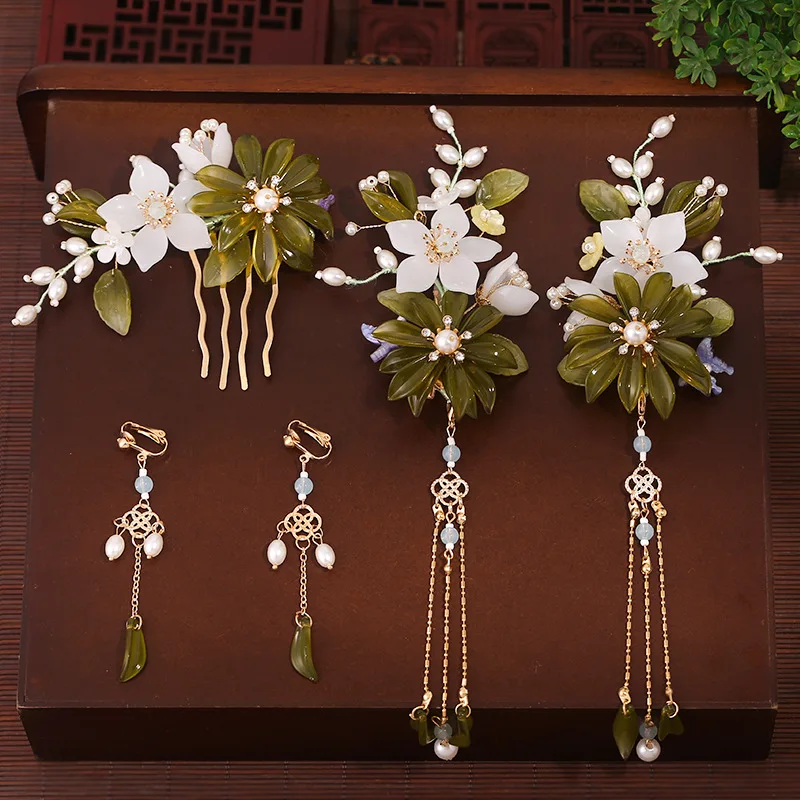 

Chinese Hair Clip Tassel Pearl Floral Hairpin Earring Set For Women Flower Barrettes Vintage Hanfu Tiaras Classic Hair Jewelry