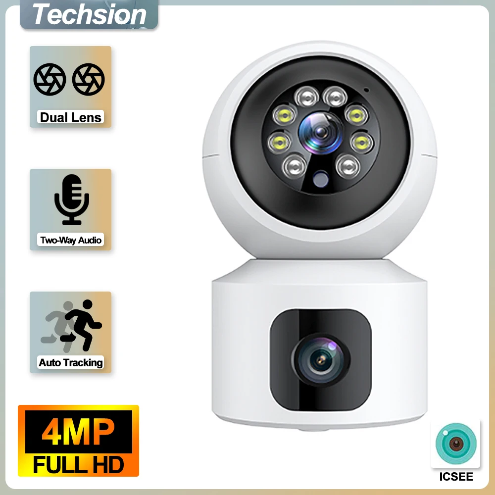 

Techsion 4MP Dual Lens Indoor Home PTZ Dome WiFi Câmera IP Auto-Tracking Video Security Surveillance Camera ICSee XMEye P2P