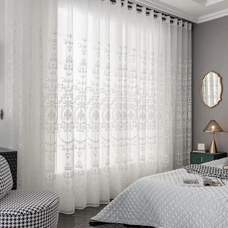 

White Embroidered Window Curtain Semi-Transparent Customized Balcony Bay Window Bedroom Matching Curtain Home Decorative Fabric