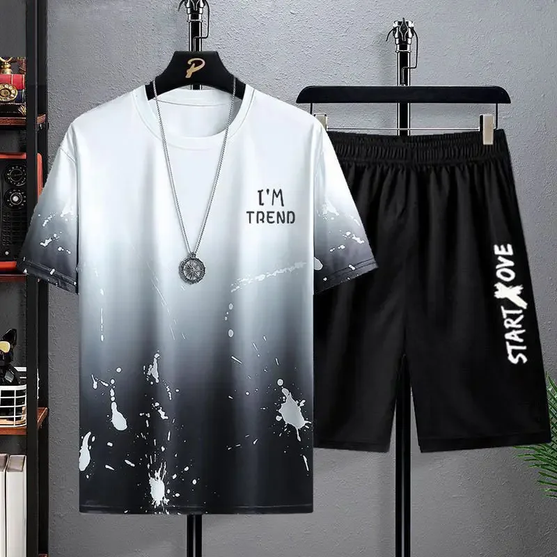 Zestaw męski strój na siłownię letnie spodenki dres męski z krótkim rękawem T-shirt z nadrukiem Top trening szybkoschnące bluzy odzież męska