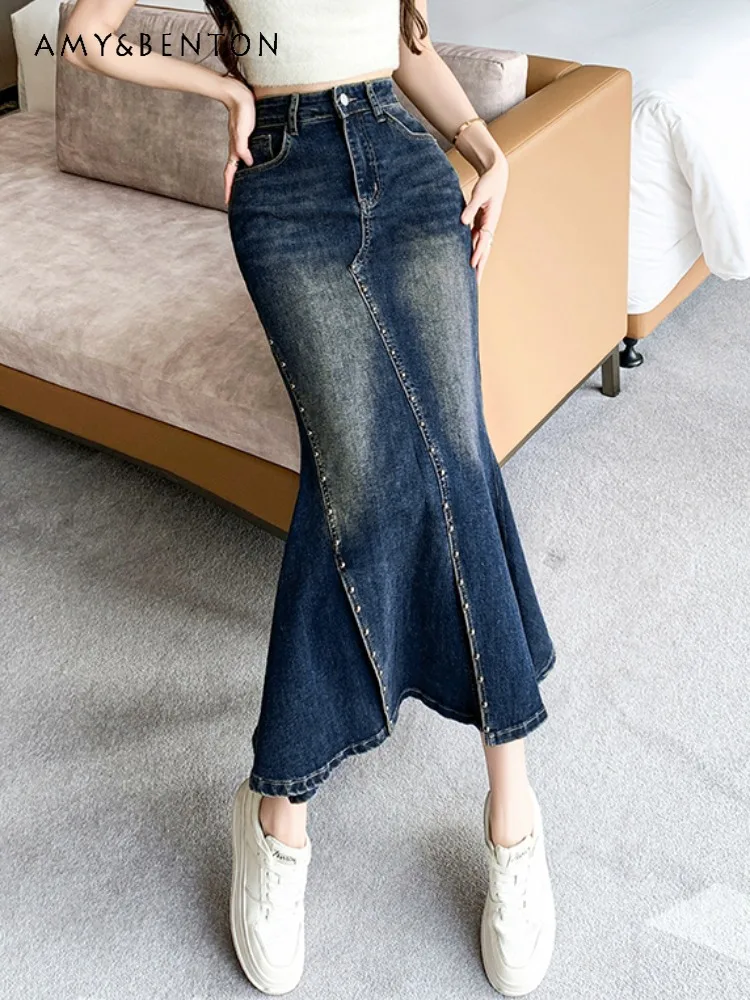 

Commute Style High Waist Slim Denim Skirt 2024 Spring Summer High-Grade Beaded Mid-Length A-line Skirts Fashion Fishtail Skirt