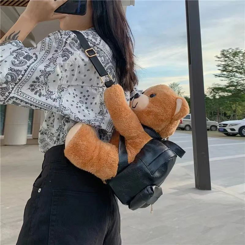 30/45cm Lovely Teddy Bear Plush Backpack Cute Motorcycle Bear Stuffed Animal Backpack Soft Toy Bear Bag Fashion Girls Woman Bag