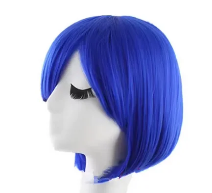 Short Bob Wig Wavy Diamond Blue Inclined Bangs Hair Synthetic Heat Resistant Costume Carnival Cos-play Hairpiece