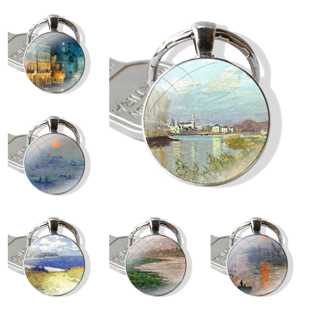 Glass Metal Pendant Key Chain Classic Men Women Key Ring Accessories Jewelry Gifts Claude Monet Oil Painting Sunflower