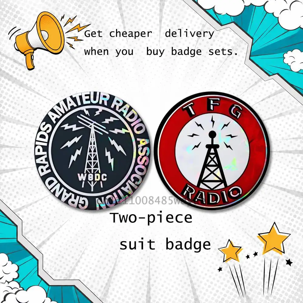 Brooches for Backpack Accessories 25,32,44,58,75mm Round Enamel Pins 2-piece set Cartoon Anime Amateur Radio Badge Vintage view 6