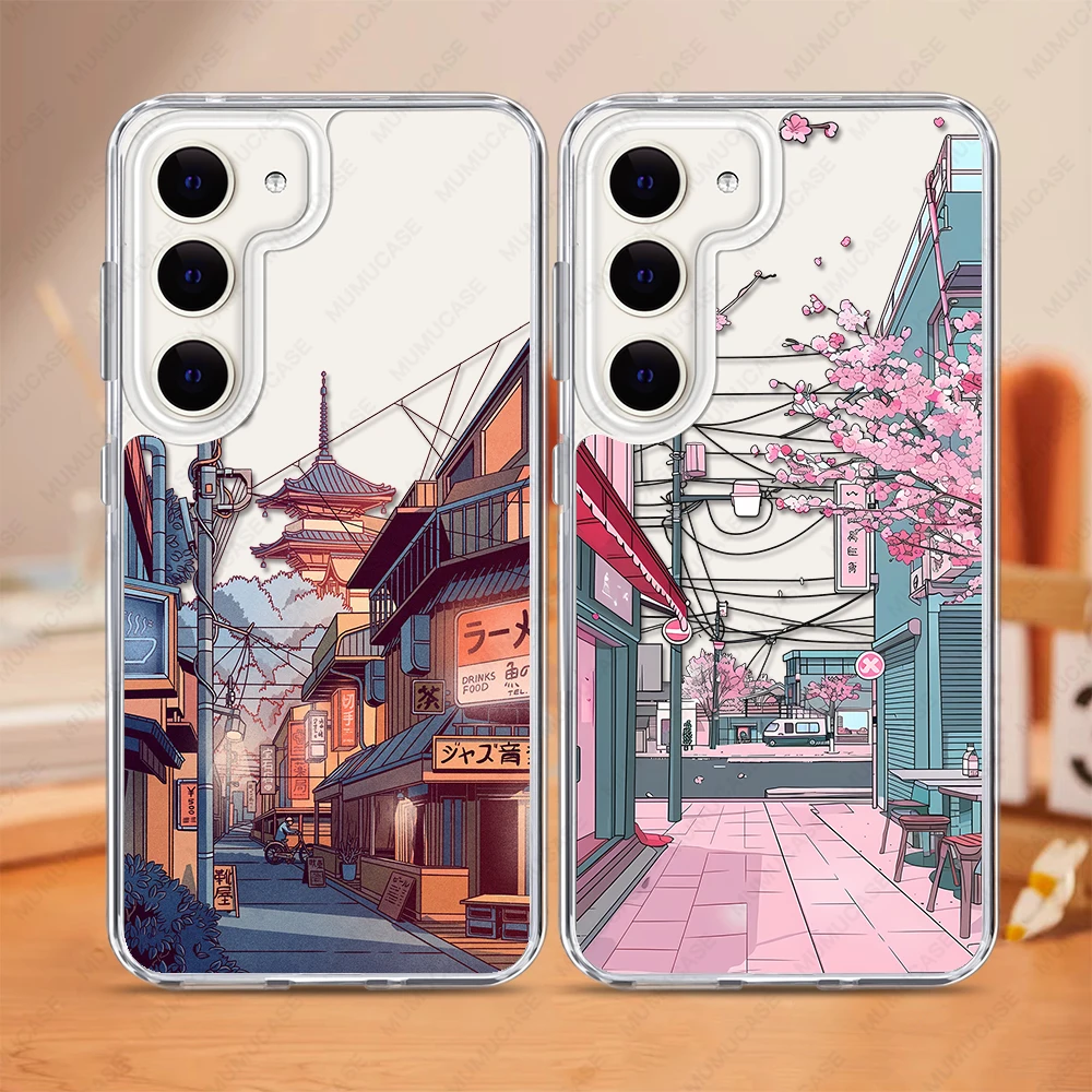 2 in 1 PC+TPU Phone Case For Samsung Galaxy S25 S24 S23 Ultra S24FE A15 A35 A53 A54 A55 Shockproof Cover Japanese Landscape Art