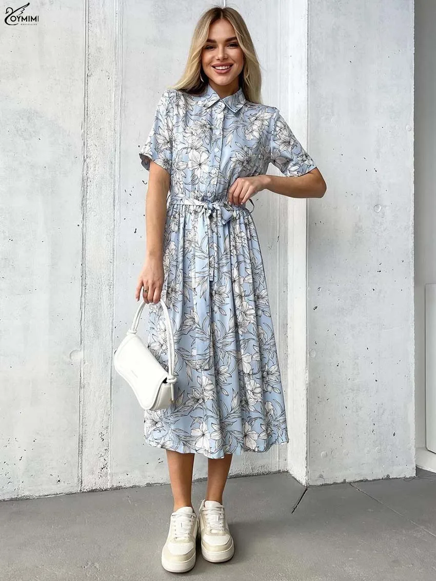 

Oymimi Elegant Blue Print Dresses 2025 Woman Casual Lapel Short Sleeve Single Breasted Dresses Autumn Lace-Up Mid-Calf Dress