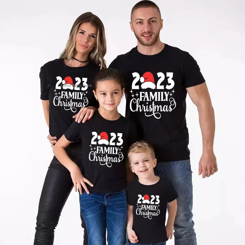 2023 Family Christmas Shirts Cotton Family Matching Outfits Dad Mom Kids Tshirts Baby Rompers Matching Pajamas Xmas Clothes Gift