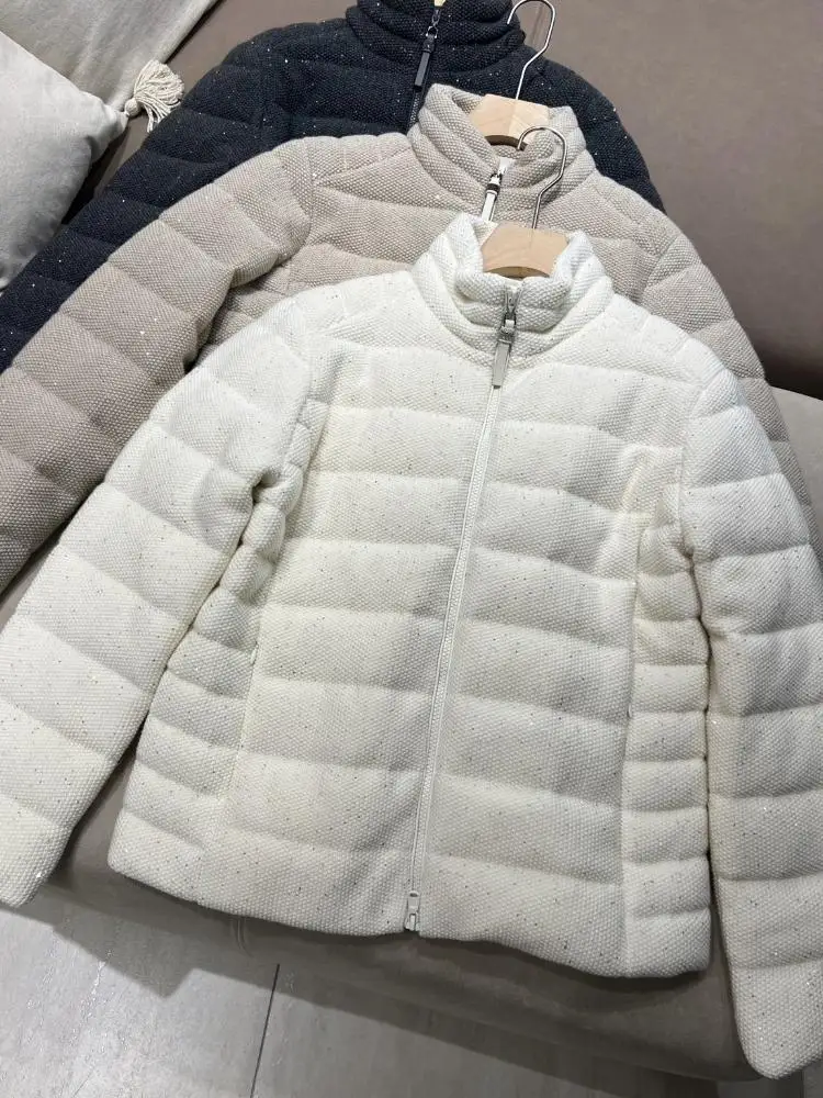Sequin Zipper Women Short Goose Down Jacket, 90% White Goose Down, Stand Collar Warm Coat