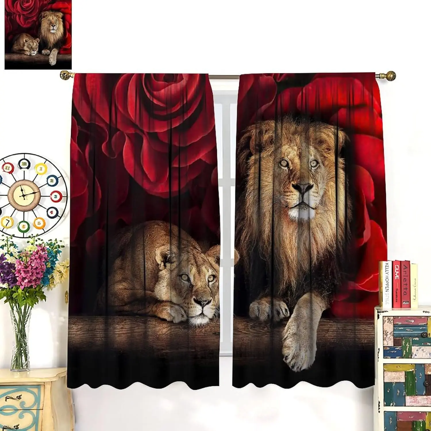 Lion Curtains Africa Wildlife Window Curtain Panels for Teens Adult Bedroom Red Rose Flower Pattern Window Drapes Wildlife
