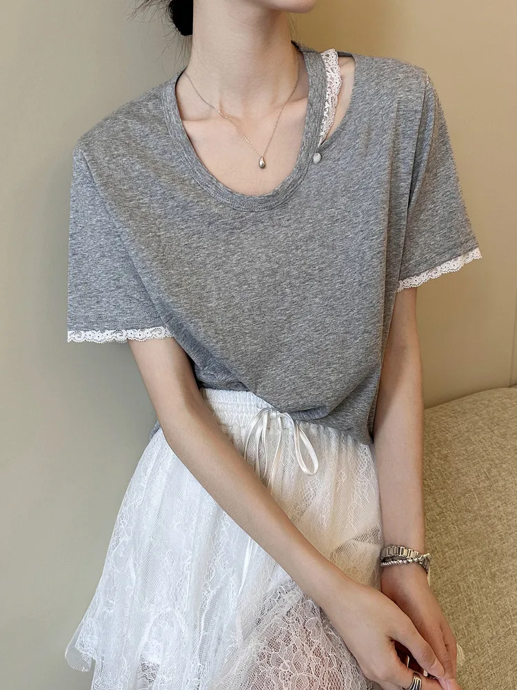 Gray round Neck Hollow out Short Sleeve T-Shirt Women's Summer New Lace Design Elegant Top Korean Style Standard Fit Pure Color