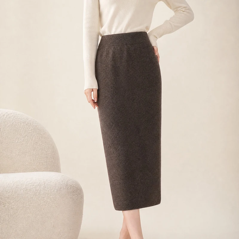 Autumn and winter new 100% cashmere skirt women's high waist skirt women's fashion solid color best-selling A-word knitted skirt