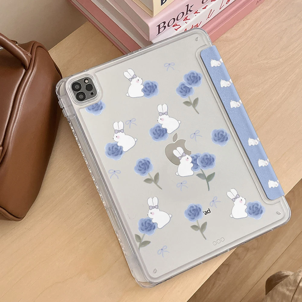 Ins Blue Flower White Rabbit Y2K Y-Fold Cover For iPad Pro 13 11th M5 M4 12.9 A16 10 8 7 9th 10th Air 11 M2 M3 Mini Tablet Case