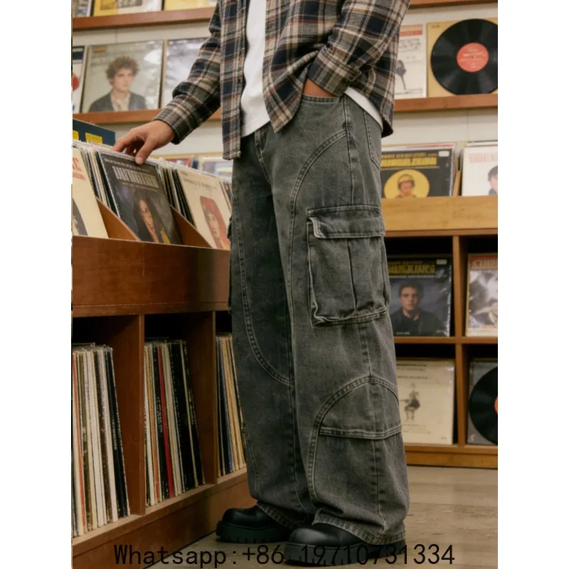 American retro distressed gray workwear wide-leg jeans for men, multi-pocket functional style with prominent stitching design