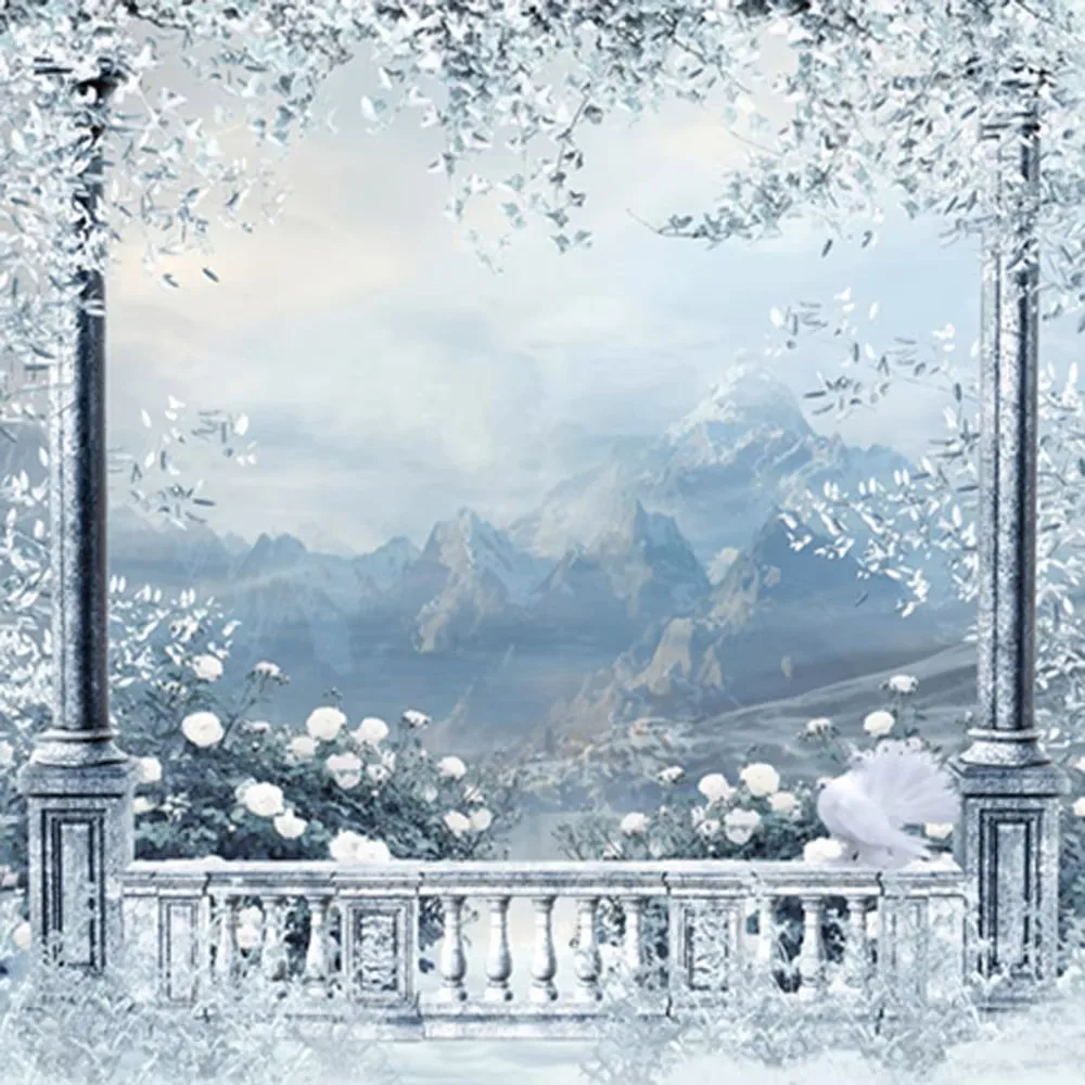 

Castle Balcony Winter Scenic Photography Backdrop Printed White Flowers Pigeon Frozen Snow Mountain Party Stage Photo Background