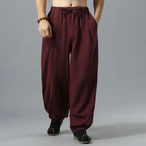 Baggy Pants Men Sweatpants Baggy Cotton Linen Pants Men Casual Wide leg Oversize Jogger Trousers Vintage Drawstring Sport Sweatpants Male 2025