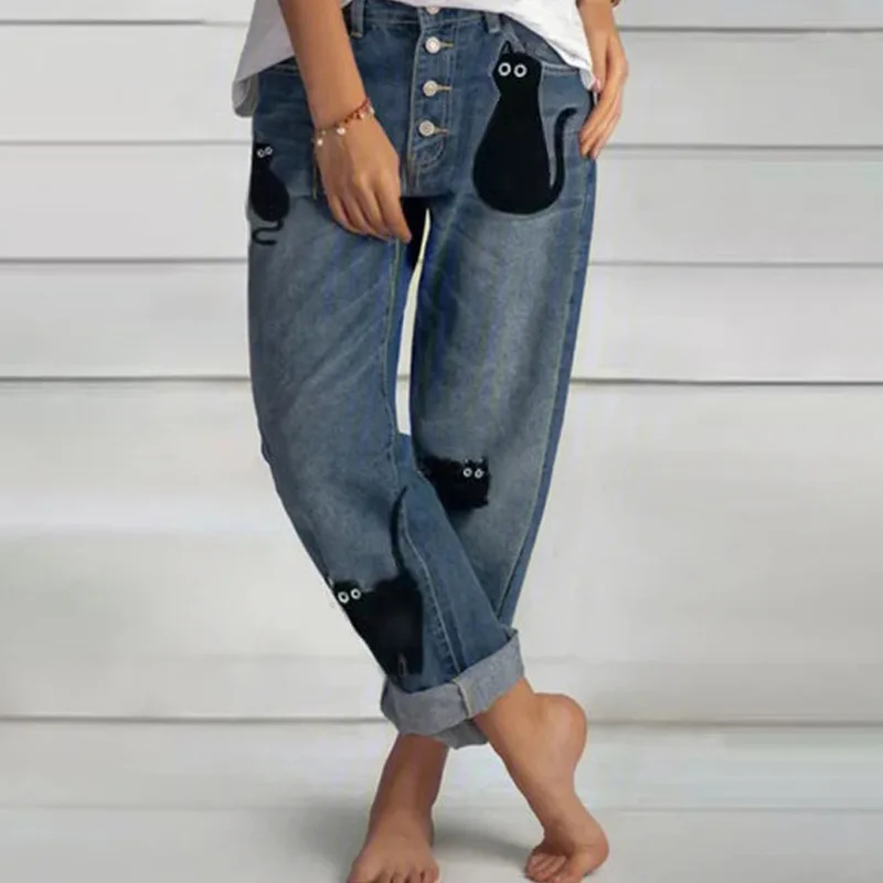 Jeans a gamba dritta con gatto con stampa retrò americana per donna 2025 Primavera Autunno Nuovi pantaloni jeans casual comodi a vita alta