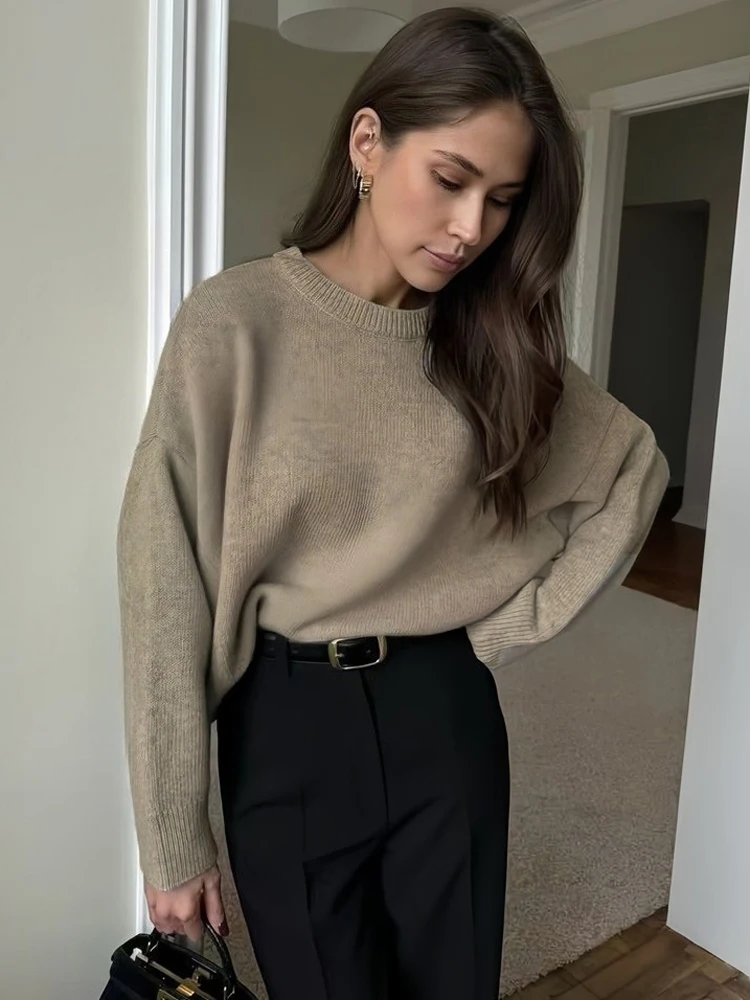 FSMG Fashion Solid knitted O-Neck Sweater For Women Loose Full Sleeves High Waist Pullovers Female Casual Thick Warm Soft Tops
