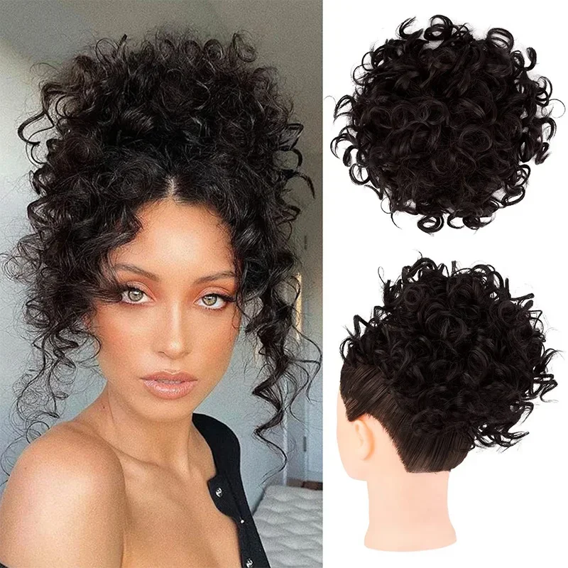 Short Messy Curly Hair Bun Wave Drawstrin Ponytail Buns for Women Dark Brown Synthetic Puffy Curly Fake Hair Chignon Extensions