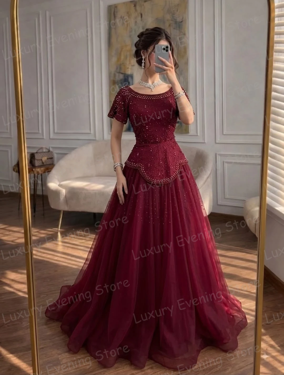 Simple A Line Red Evening Dresses Sleeveless Women's Prom Gowns Sexy Boat Neck Formal Customized Beach Party Vestidos De Noche