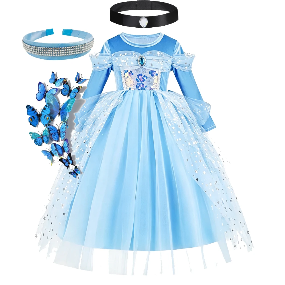Mädchen Cinderella Blaues Pailletten-Prinzessinnenkleid mit Langen Ärmeln, Krone, Halskette und Komplettem Zubehör-Set als Geburtstagsgeschenk für Kinder – Detail 6