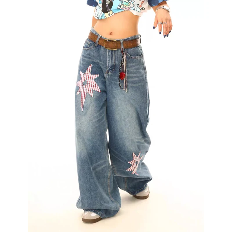 

ZHIZOU Women Blue High Waist Baggy Jeans Vintage Cowboy Pants Harajuku Aesthetic Streetwear Denim Trousers Y2k 2000s Style