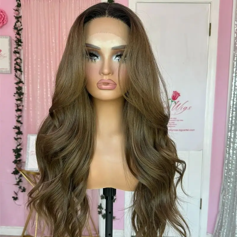 

Ombre Blonde Brown HD Invisible Synthetic Lace Front Wigs Long Wavy Free Part Heat Resistant Wig Preplucked Hairline For Women