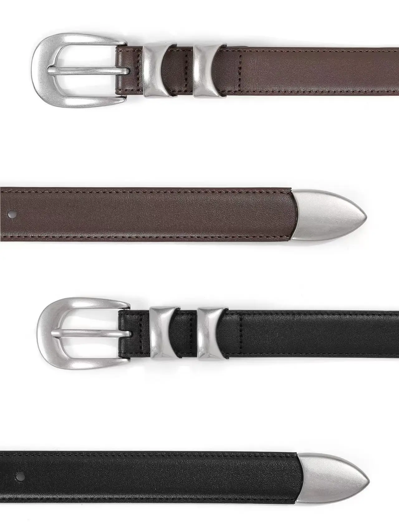 ダブルロックベーシックバイカラーウエストベルトトップレイヤーカーフスキンヘッドレザーダブルリングバックルファッショナブルなアクセサリー男女兼用