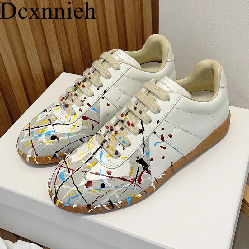 Flat Thick Sole Casual Shoes Real Leather Painting Lace Up Patchwork Walking Tennis Shoes Unisex Spring Autumn Breatble Sneakers