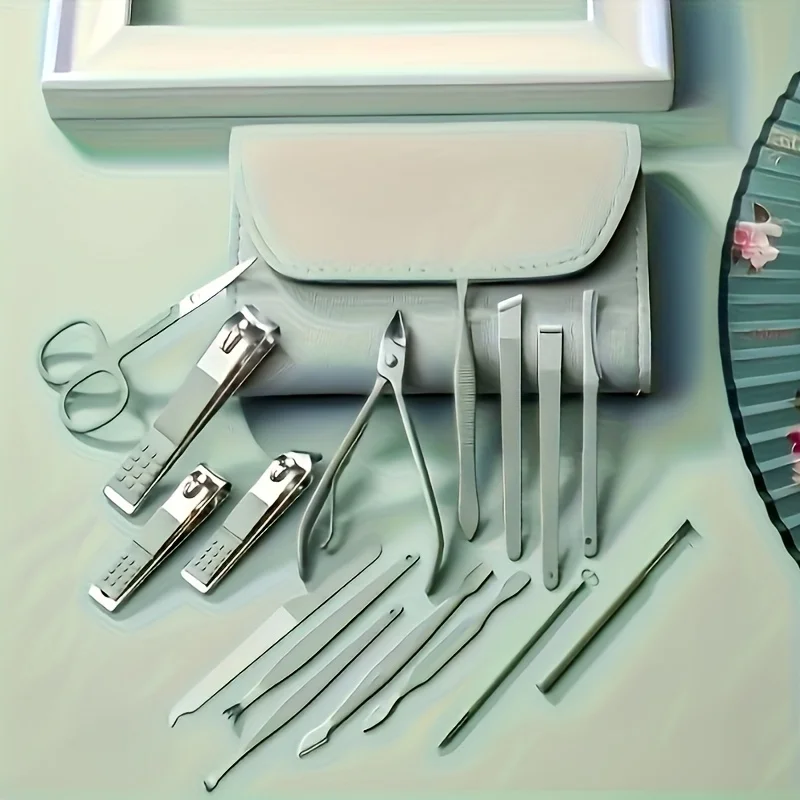 16pcs Professional Stainless Steel Manicure Pedicure Set, Includes Nail Clippers, Scissors, Heavy-Duty Foldable Travel Kit