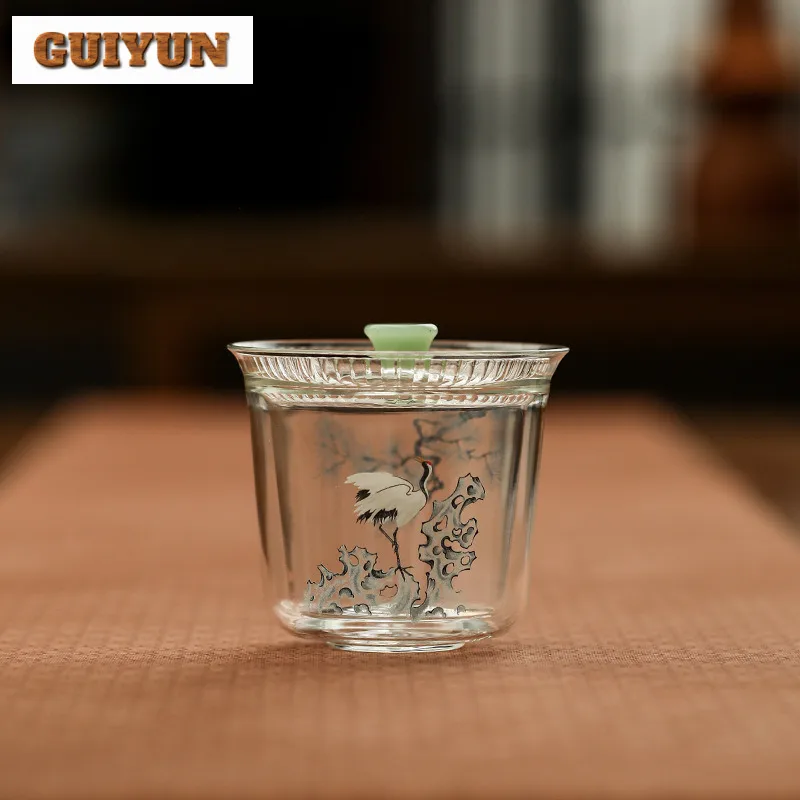 

120ml Crane Heat Resistant High Borosilicate Glass Gaiwan Boutique Tea Tureen Tea Bowl With Lid Kit Tea Maker Cover Bowl For Tea