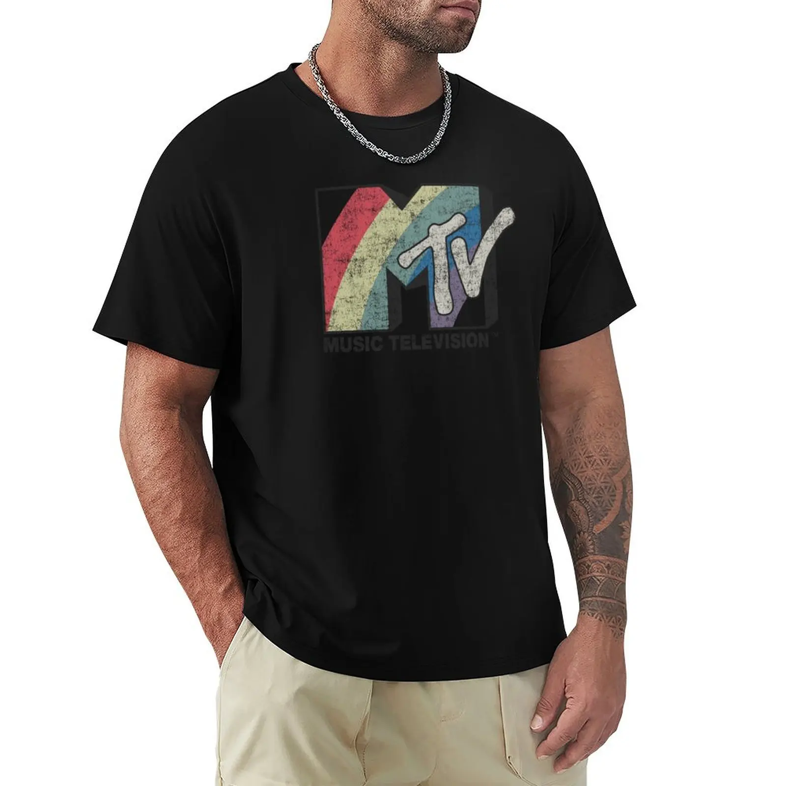 

MTV Distressed Rainbow Stripes Vintage MTV Logo T-Shirt Luxury man summer top summer shirt plain white t shirts men