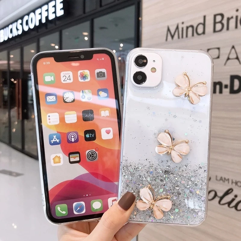 Glitter Transparent Phone Case For Xiaomi Redmi 13 12 Note 12R Poco M6 Pro  Jade Butterfly Epoxy Shockproof Bumper Back Cover