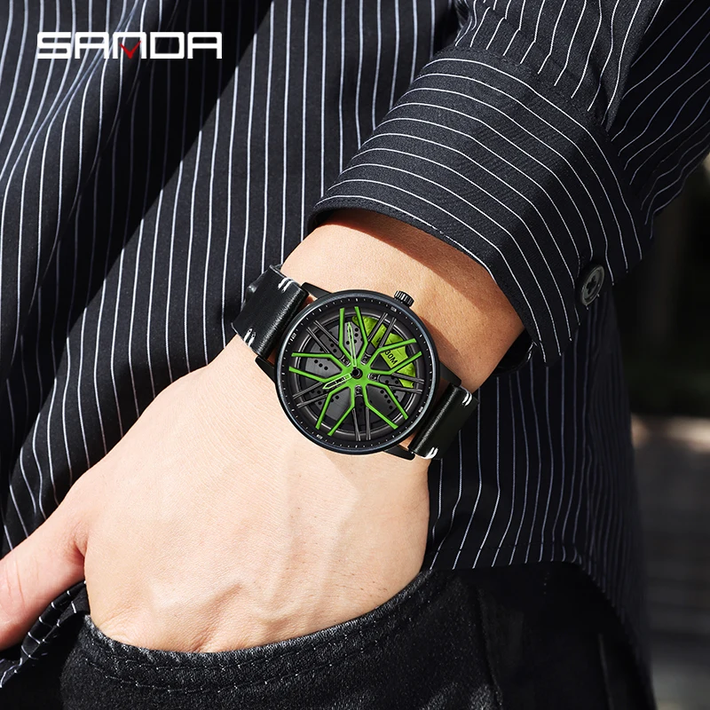 SANDA P1107 Luxury Fashion Car Wheel Watches leather Waterproof Watch for Men Sport Casual Quartz Wristwatch Relogio Masculino