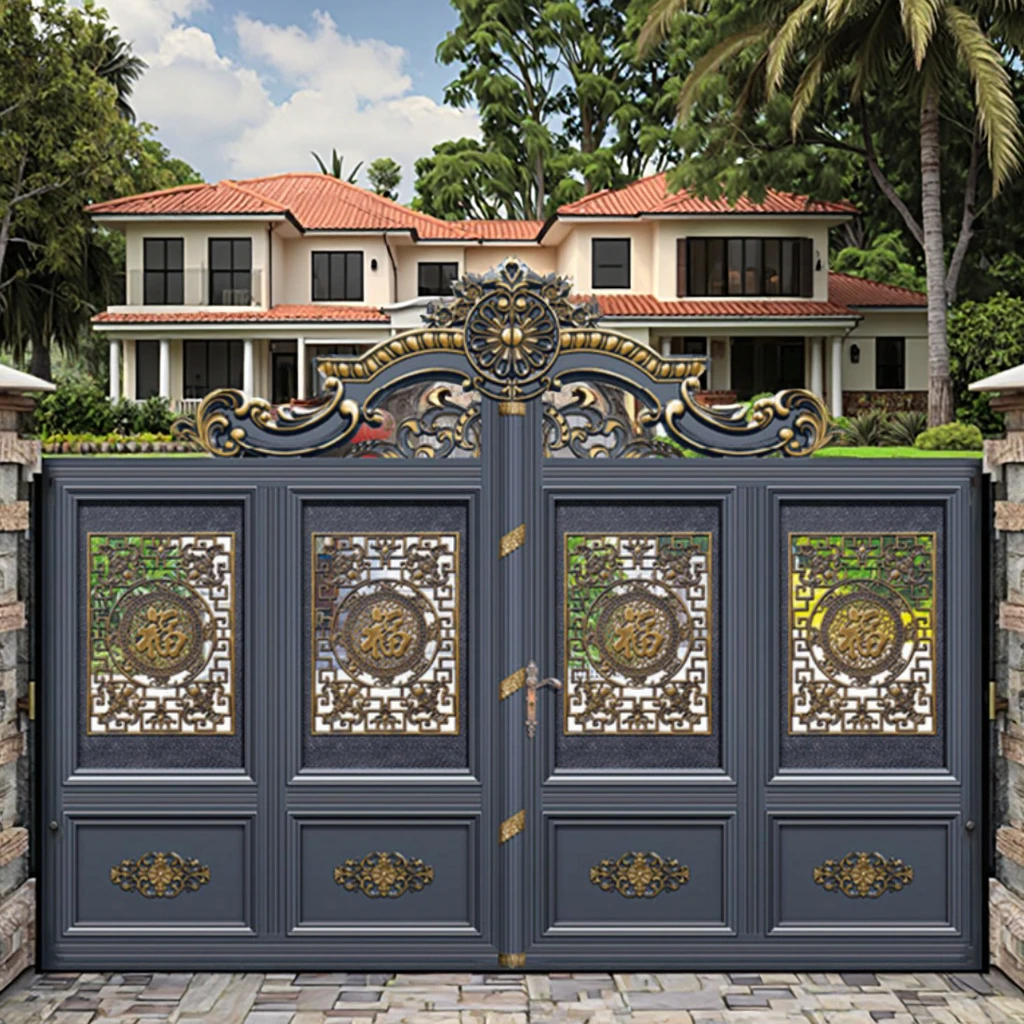 Powder Coated Steel Aluminum Automatic Opening Pattern Entrance Driveway Swing Metal Gate for Villa Garden Yard