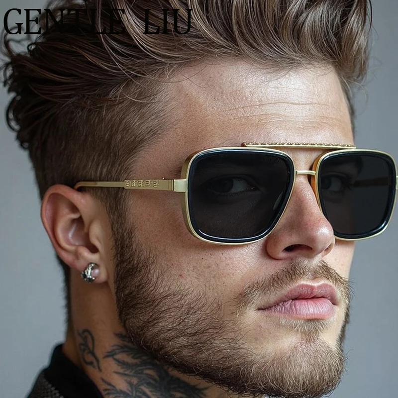 

Vintage Square Sunglasses Men 2025 Luxury Brand Trendy Metal Frame Double Beam Sunglass Steampunk Driving Shades Eyewear UV400