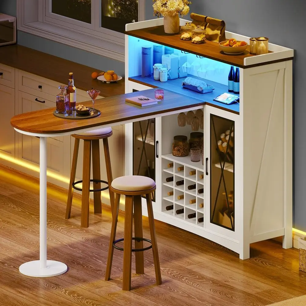 

Home Bar Unit with LED Lights ＆ Wine Cabinet, armhouse Bar Cabinet with Wine Storage, Mini Bar Table Coee Cabinet with Glasses H