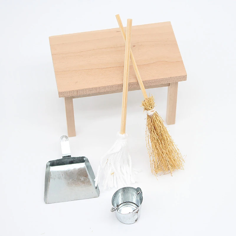 1/12 Dollhouse scopa paletta Mop secchio in metallo Kit casa delle bambole Mini strumento di pulizia accessori bambole decorazioni per la casa finta