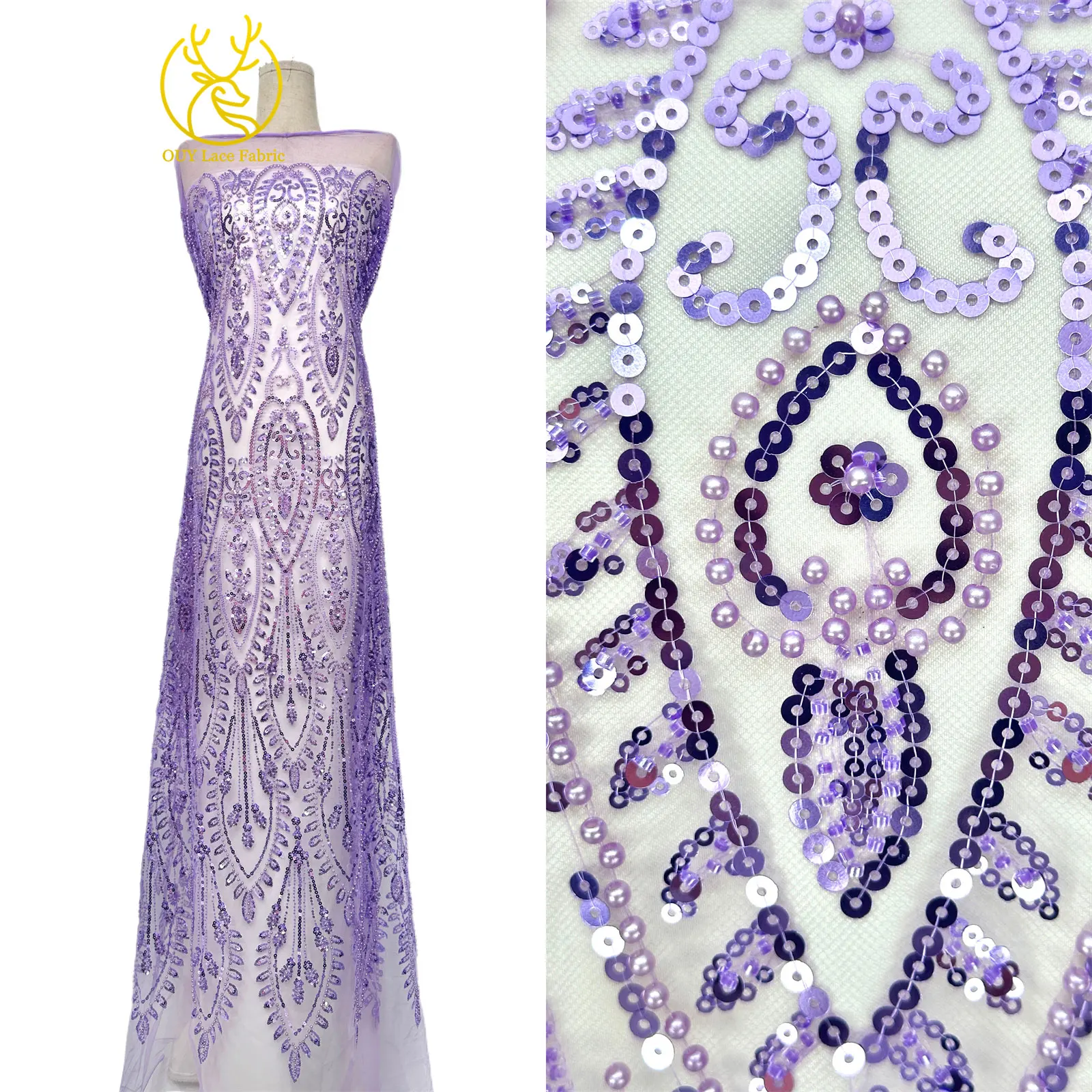 Afrikanischer Perlenstickerei-Spitzenstoff 2026 Neuestes Design Frankreich Nigeria Pailletten Tüll-Spitzenstoff für Damen Hochzeits- und Abendkleider – Detail 6