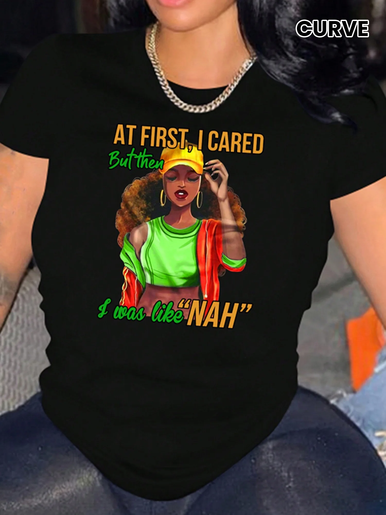 

Women's "At First I Care But Then I Was Like Nah" Graphic T-Shirt - White Casual Short Sleeve Top with Bold Yellow Lettering