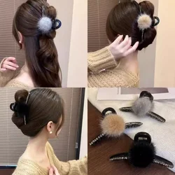 Winter Mink Hair Medium Grab Clip Hairball Rhinestone Shark Clip Hair Accessories for Women 머리핀 Заколки