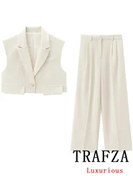 TRAFZA Vintage Office Lady Chic Solid Women Suit V Neck Single Breasted Vest Straight Loose Pants New Fashion 2024 Autumn Sets