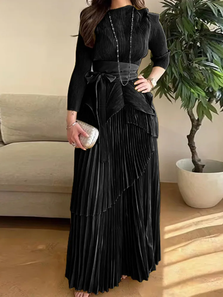 LANMREM Fashion Party Pleated 2 Piece Set Women Round Neck Irregular Belt Gathered Waist Solid Long Dresses 2024 New 32C1114