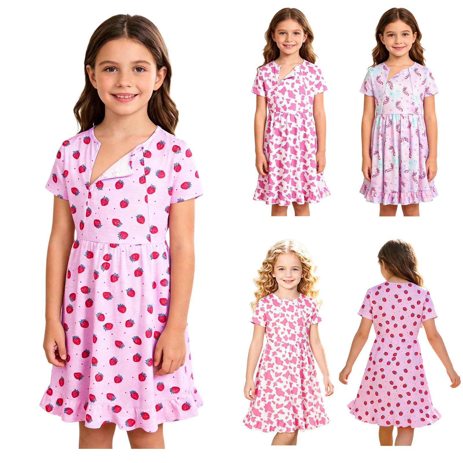 Kids Girls Summer Dress Short Sleeve Front Invisible Zipper Chest Treatment Special Needs Patient Nursing Printed Ruffle Dress