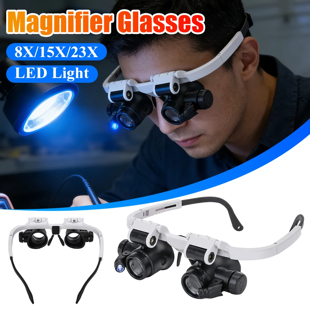نظارات مكبرة تلسكوبية Loupes مصباح ليد 8X 15X 23X نظارات مكبرة لقراءة المطبوعات الصغيرة ساعة إصلاح العمل