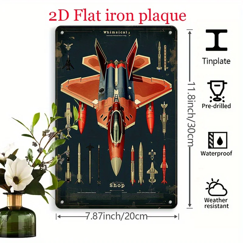 Vintage Fighter Jet Metal Wall Art -  Iron Sign with Missiles & Details, Retro Military-Style Decor for Garage, Man Cave, Game R