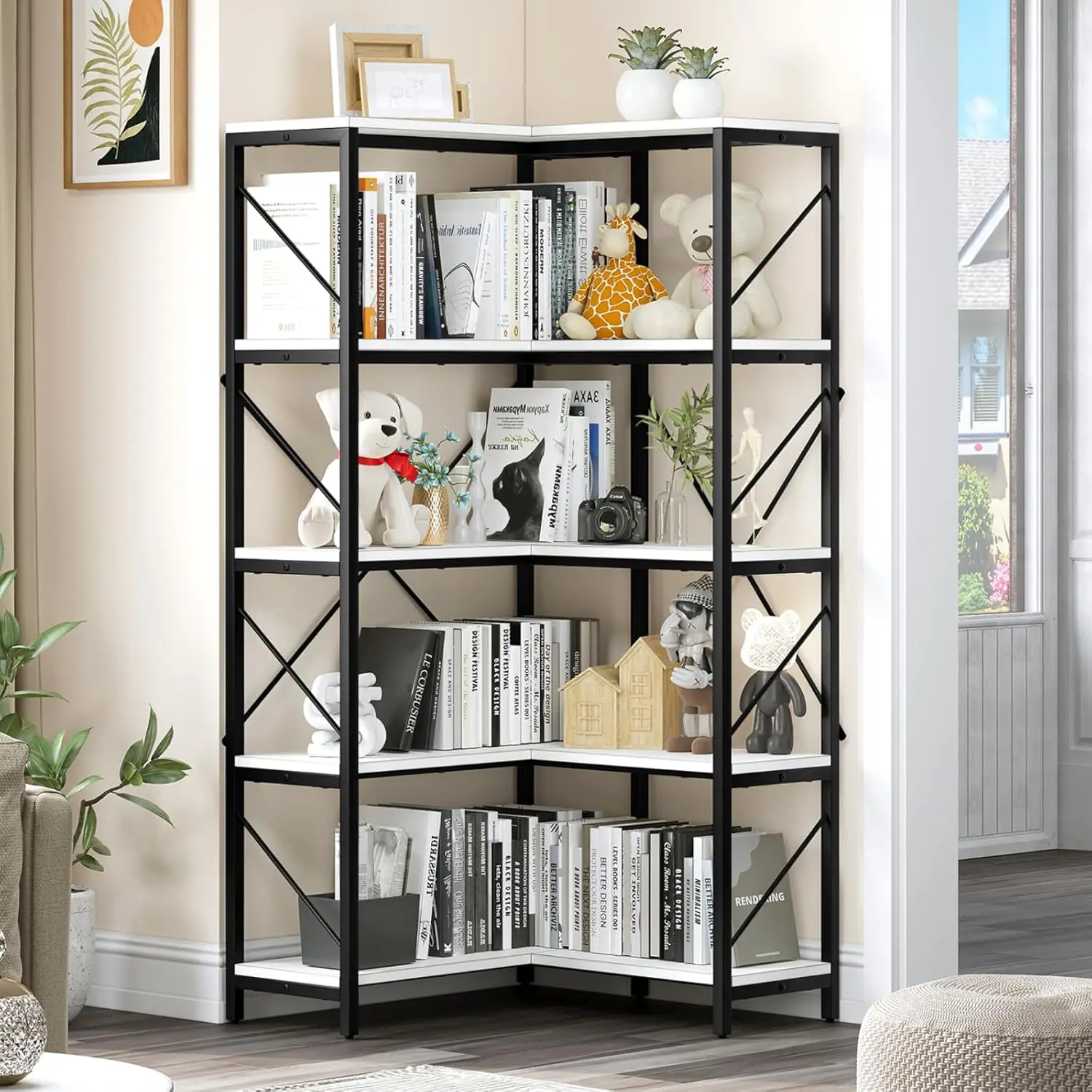 

Corner Bookshelf, 5-Tier L-Shaped Bookcase Storage Organizer