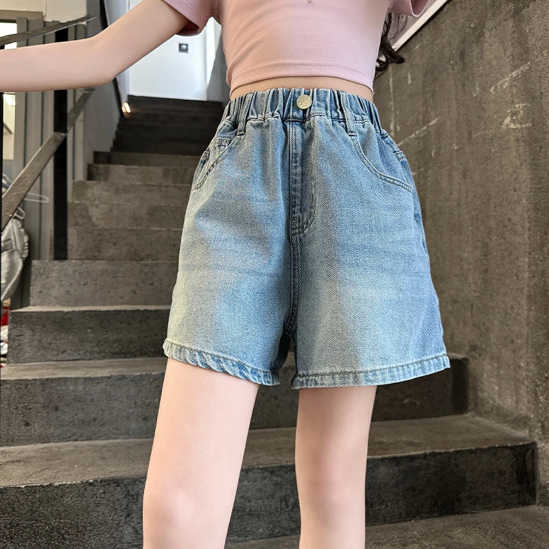 Girls Denim Shorts Summer Elastic Waist Embroidery Pocket Shorts Casual Daily Versatile Children Clothes 2026